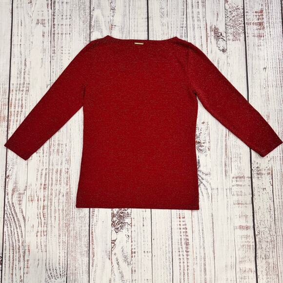 Michael Kors red metallic shimmer top M 3/4 sleeve holiday party knit - Picture 2 of 7